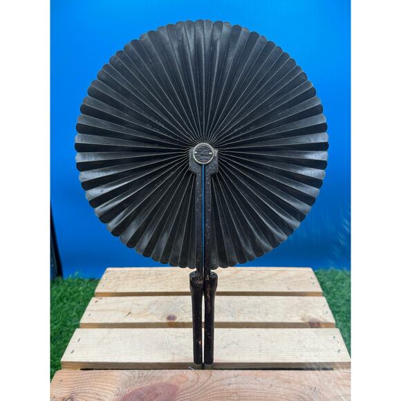 Antique Victorian Folding Cockade Fan - Black Pleated Silk with Leather Handles main image 7